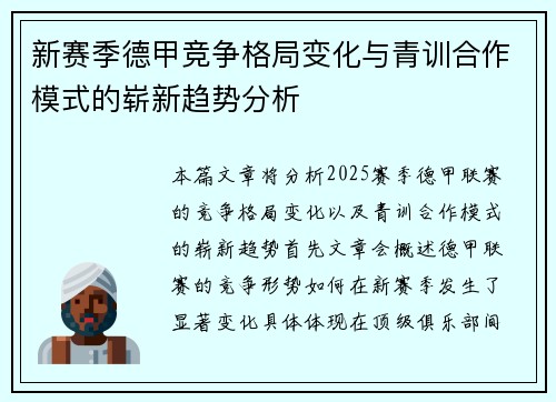 新赛季德甲竞争格局变化与青训合作模式的崭新趋势分析
