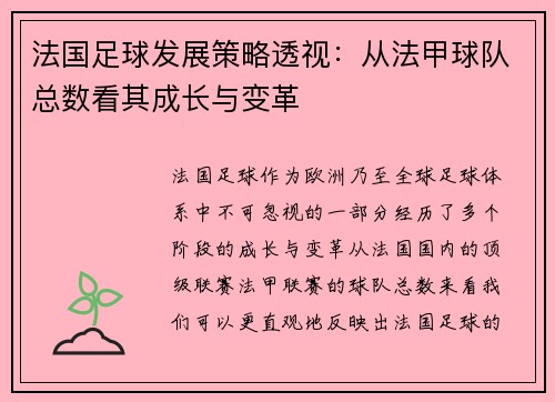 法国足球发展策略透视：从法甲球队总数看其成长与变革