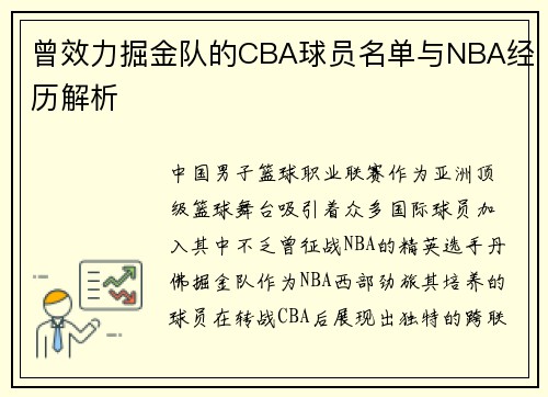 曾效力掘金队的CBA球员名单与NBA经历解析