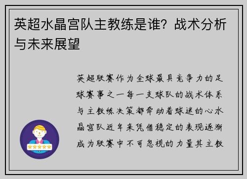 英超水晶宫队主教练是谁？战术分析与未来展望