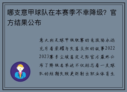 哪支意甲球队在本赛季不幸降级？官方结果公布